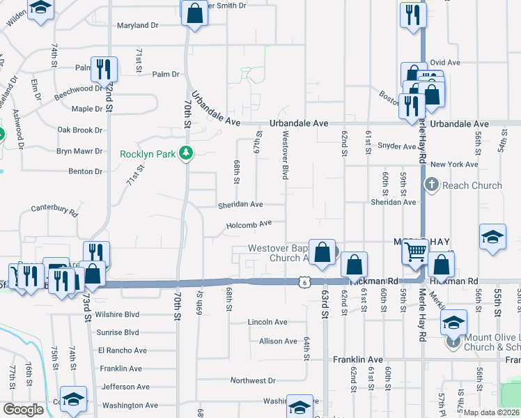 map of restaurants, bars, coffee shops, grocery stores, and more near 6633 Holcomb Avenue in Des Moines