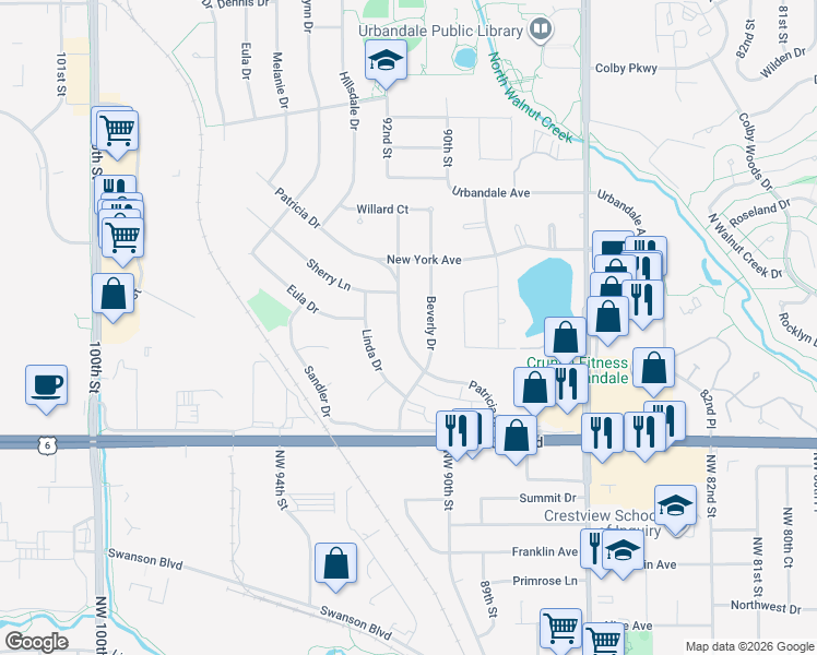 map of restaurants, bars, coffee shops, grocery stores, and more near 2706 Patricia Drive in Urbandale