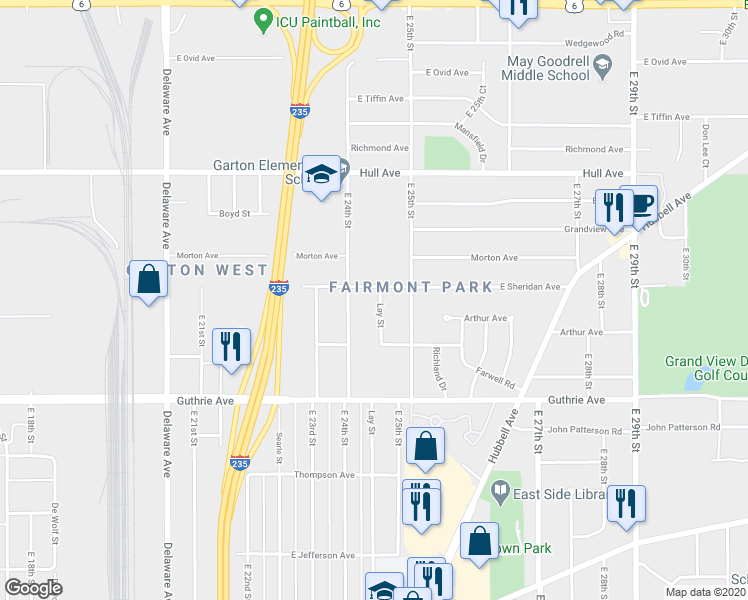 map of restaurants, bars, coffee shops, grocery stores, and more near 2534 Lay Street in Des Moines