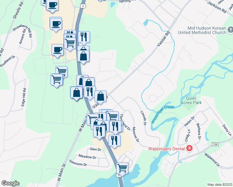 map of restaurants, bars, coffee shops, grocery stores, and more near 4 Wendover Drive in Poughkeepsie