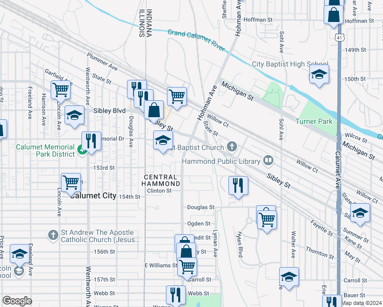 map of restaurants, bars, coffee shops, grocery stores, and more near 5251 Hohman Avenue in Hammond