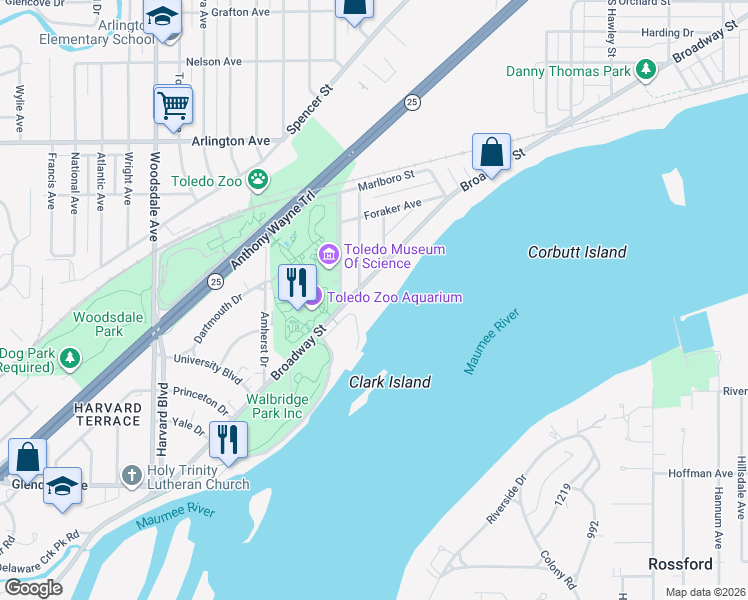 map of restaurants, bars, coffee shops, grocery stores, and more near 2635 Broadway Street in Toledo