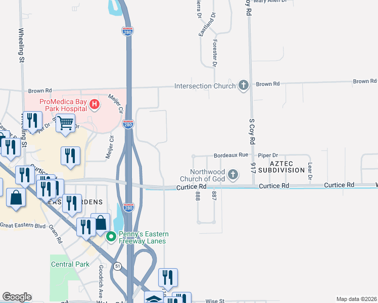 map of restaurants, bars, coffee shops, grocery stores, and more near 3281 Bordeaux Rue in Northwood