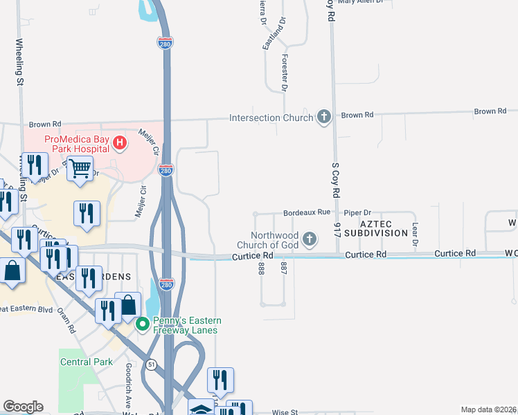 map of restaurants, bars, coffee shops, grocery stores, and more near 3281 Bordeaux Rue in Northwood