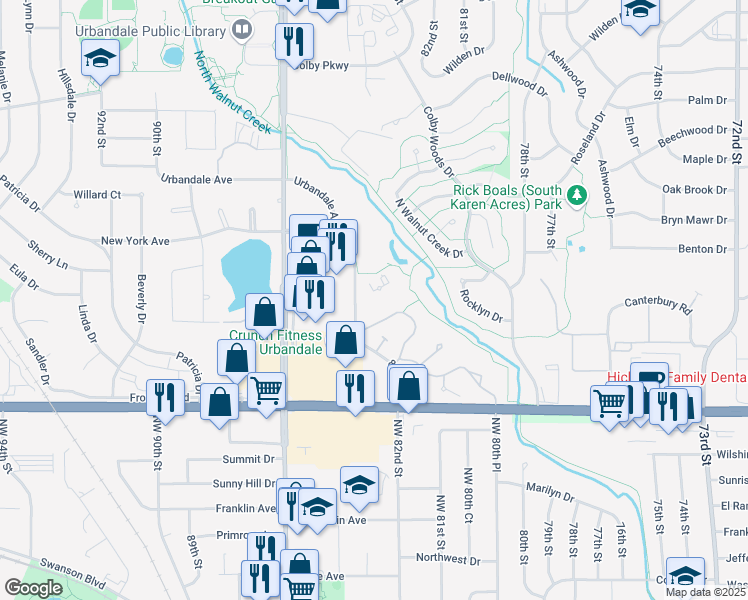 map of restaurants, bars, coffee shops, grocery stores, and more near 2727 82nd Place in Urbandale