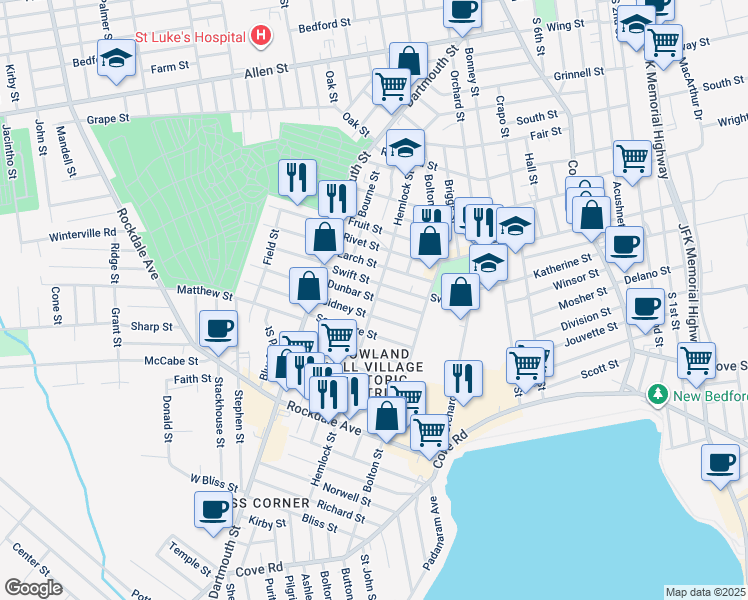 map of restaurants, bars, coffee shops, grocery stores, and more near 63 Swift Street in New Bedford