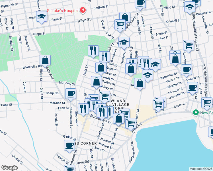 map of restaurants, bars, coffee shops, grocery stores, and more near 103 Dunbar Street in New Bedford