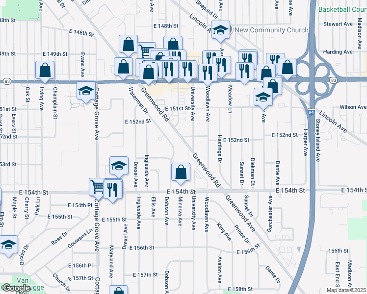 map of restaurants, bars, coffee shops, grocery stores, and more near 1120 East 152nd Street in Dolton