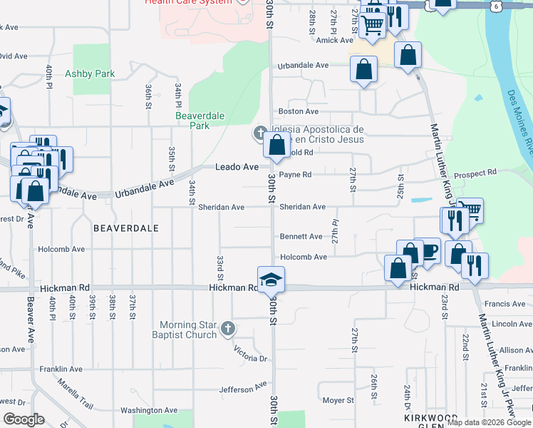 map of restaurants, bars, coffee shops, grocery stores, and more near 2709 30th Street in Des Moines