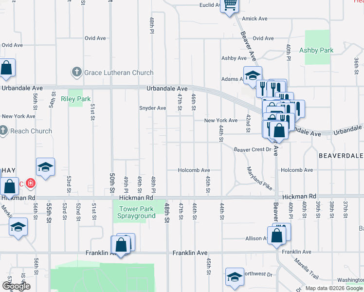 map of restaurants, bars, coffee shops, grocery stores, and more near 2711 47th Street in Des Moines