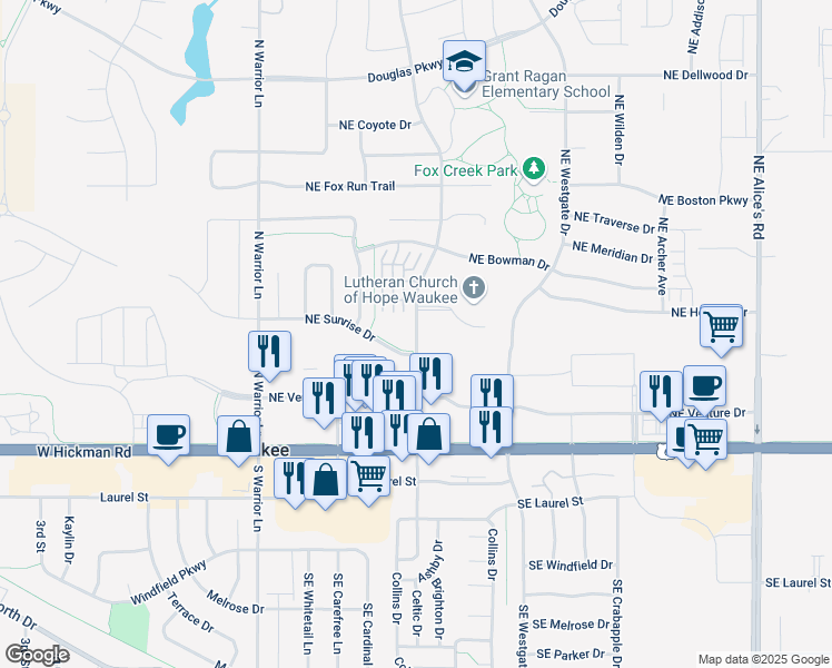 map of restaurants, bars, coffee shops, grocery stores, and more near 137 Northeast Dartmoor Drive in Waukee