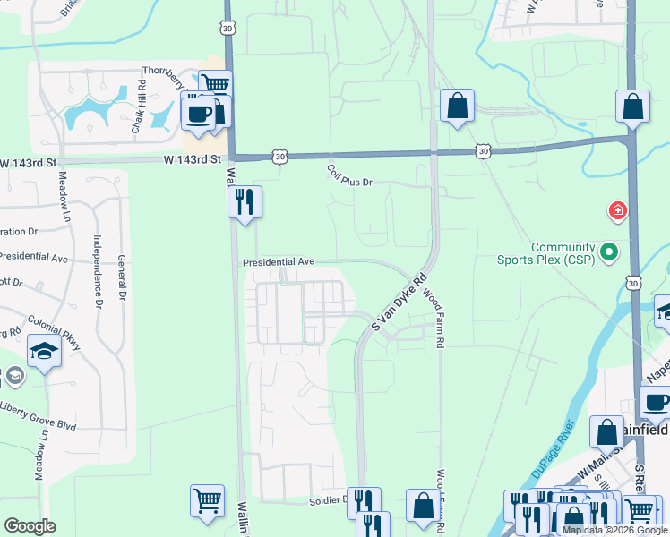 map of restaurants, bars, coffee shops, grocery stores, and more near 24600 Presidential Avenue in Plainfield