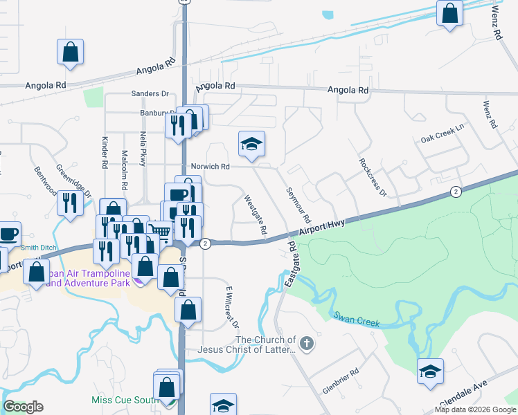 map of restaurants, bars, coffee shops, grocery stores, and more near 1146 Eastgate Road in Toledo