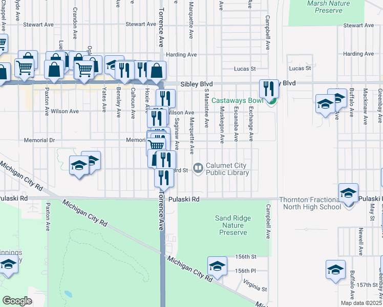 map of restaurants, bars, coffee shops, grocery stores, and more near 1275 Memorial Drive in Calumet City