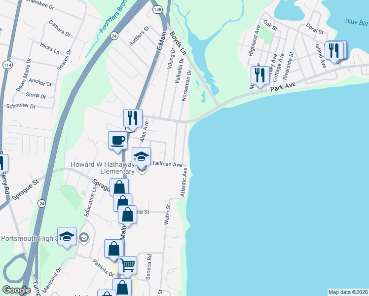map of restaurants, bars, coffee shops, grocery stores, and more near 54 Aquidneck Avenue in Portsmouth