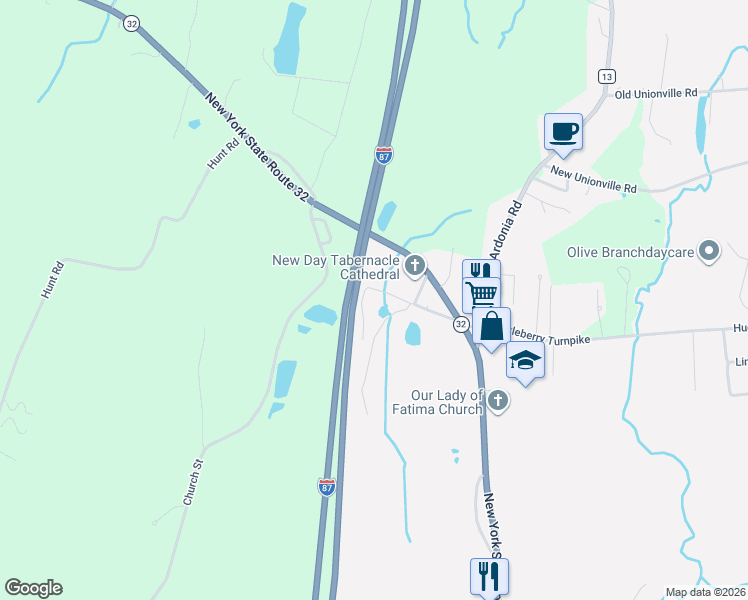 map of restaurants, bars, coffee shops, grocery stores, and more near 62 Old Firehouse Road in Wallkill