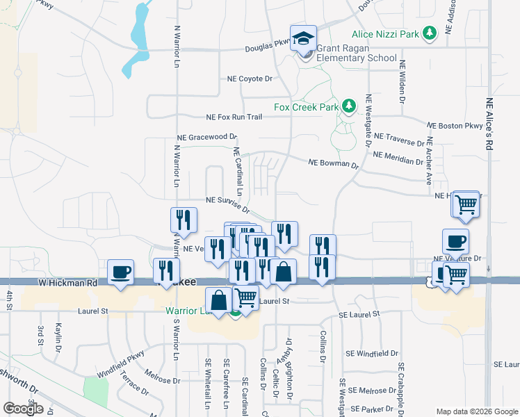 map of restaurants, bars, coffee shops, grocery stores, and more near 303 Northeast Sandalwood in Waukee