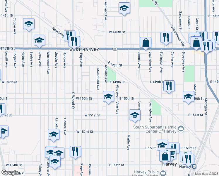 map of restaurants, bars, coffee shops, grocery stores, and more near 14901 South Ashland Avenue in Harvey