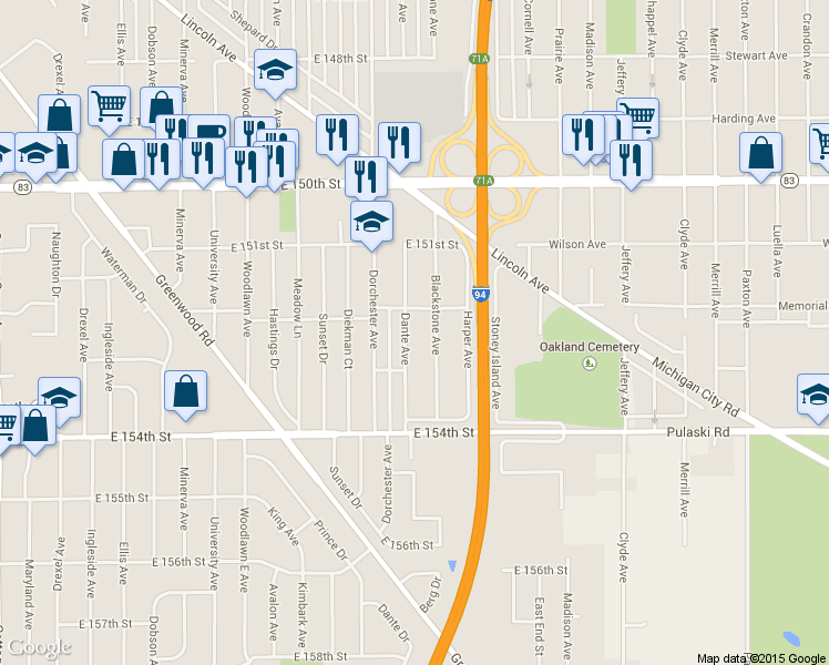 map of restaurants, bars, coffee shops, grocery stores, and more near 15217 Dante Avenue in Dolton