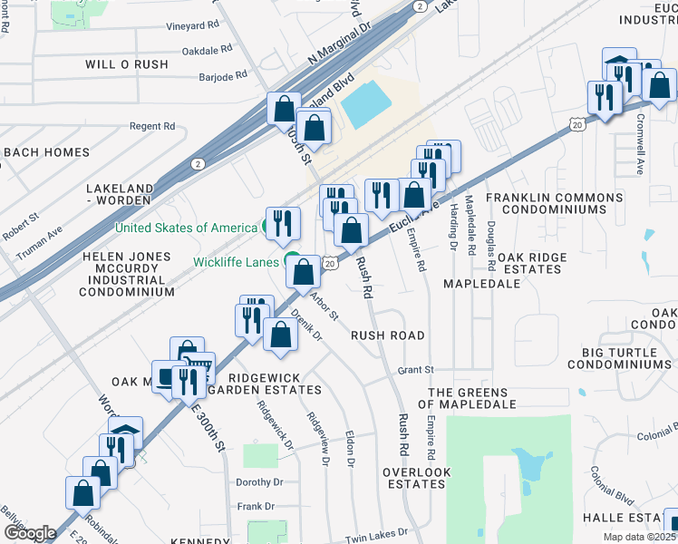 map of restaurants, bars, coffee shops, grocery stores, and more near 30438 Euclid Avenue in Wickliffe