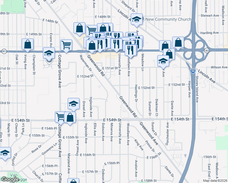 map of restaurants, bars, coffee shops, grocery stores, and more near 1120 East 152nd Street in Dolton