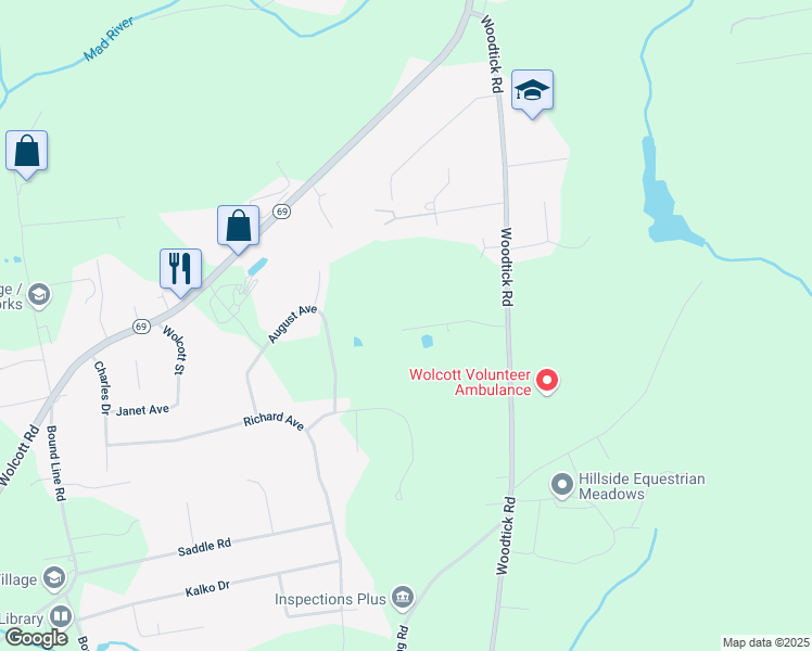 map of restaurants, bars, coffee shops, grocery stores, and more near 84 Wilson Road in Wolcott