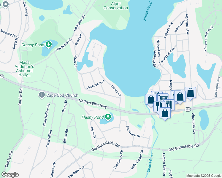 map of restaurants, bars, coffee shops, grocery stores, and more near 62 James Circle in Mashpee