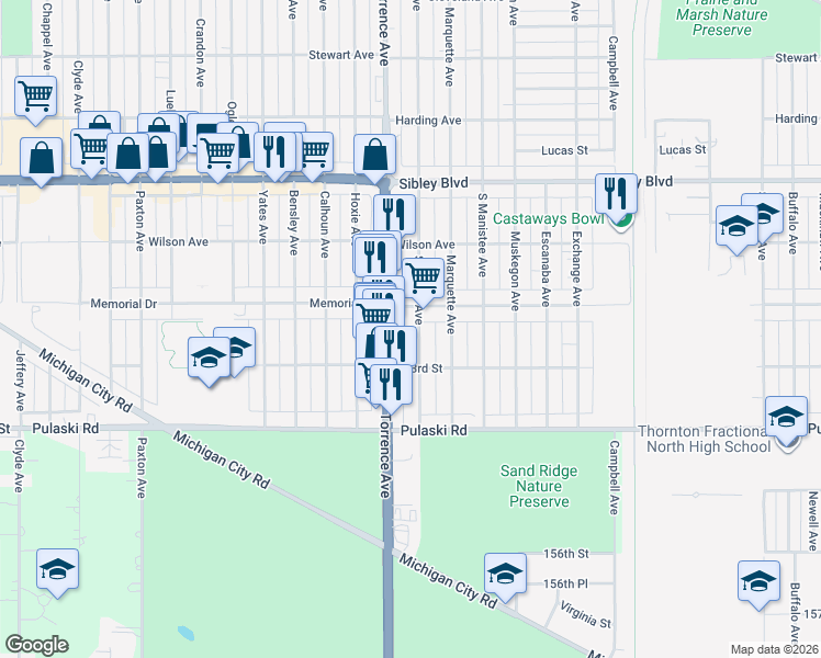 map of restaurants, bars, coffee shops, grocery stores, and more near 1351 Memorial Drive in Calumet City