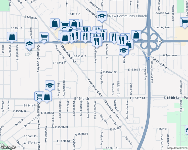 map of restaurants, bars, coffee shops, grocery stores, and more near 15147 Woodlawn Avenue in Dolton