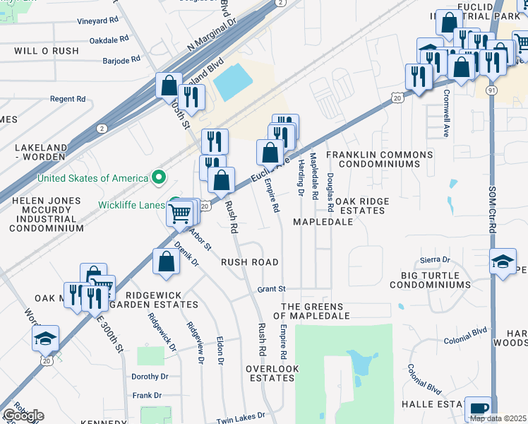map of restaurants, bars, coffee shops, grocery stores, and more near 1518 Severn Lane in Wickliffe