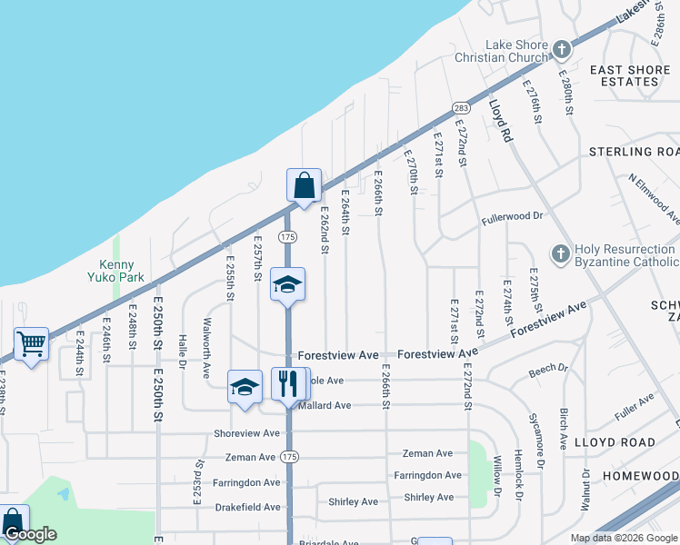map of restaurants, bars, coffee shops, grocery stores, and more near 305 East 262nd Street in Euclid