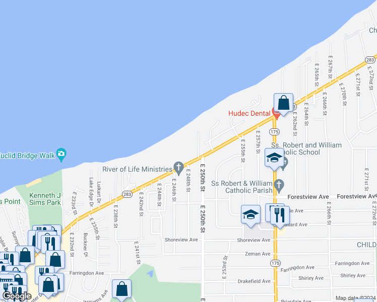 map of restaurants, bars, coffee shops, grocery stores, and more near 24801 Lakeshore Boulevard in Euclid