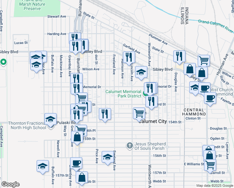 map of restaurants, bars, coffee shops, grocery stores, and more near 333 Memorial Drive in Calumet City