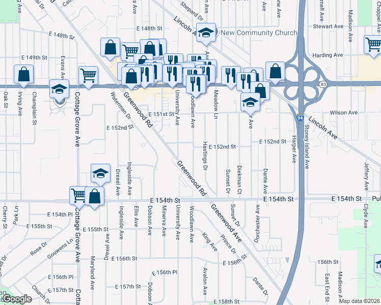 map of restaurants, bars, coffee shops, grocery stores, and more near 15147 Woodlawn Avenue in Dolton