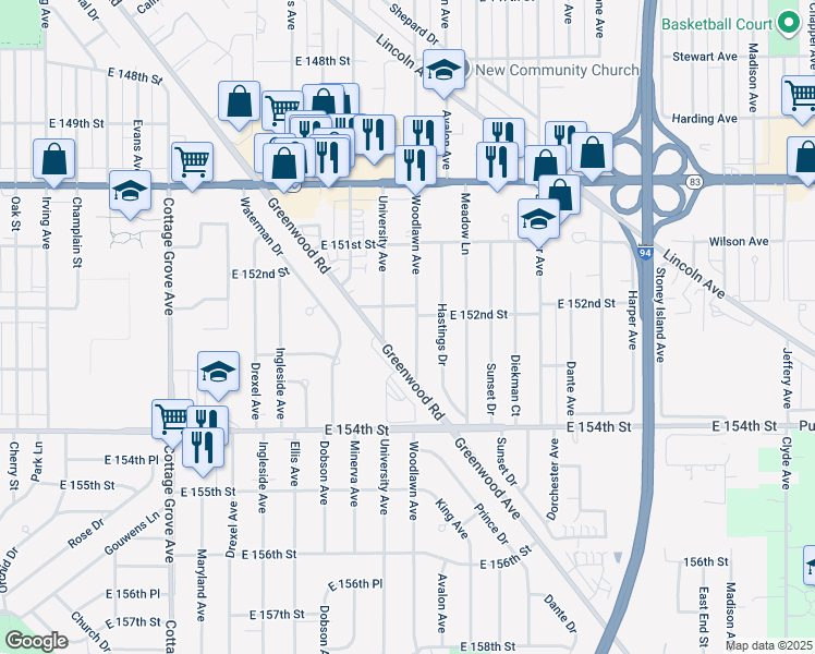 map of restaurants, bars, coffee shops, grocery stores, and more near 15147 Woodlawn Avenue in Dolton