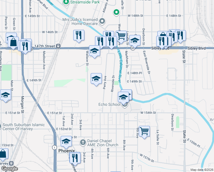 map of restaurants, bars, coffee shops, grocery stores, and more near 14902 West 152nd Street in South Holland