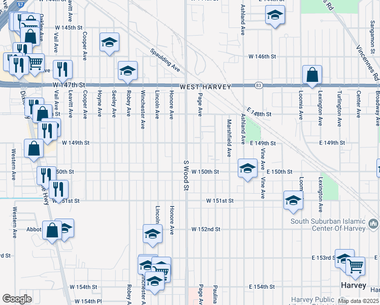 map of restaurants, bars, coffee shops, grocery stores, and more near 14904 Page Avenue in Harvey