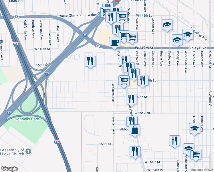 map of restaurants, bars, coffee shops, grocery stores, and more near 14901 Artesian Avenue in Harvey