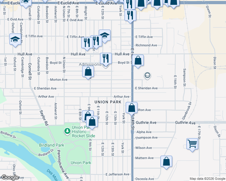 map of restaurants, bars, coffee shops, grocery stores, and more near 1310 East Sheridan Avenue in Des Moines