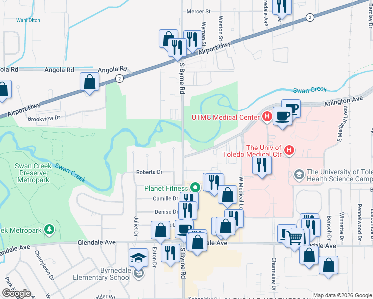 map of restaurants, bars, coffee shops, grocery stores, and more near 1145 South Byrne Road in Toledo