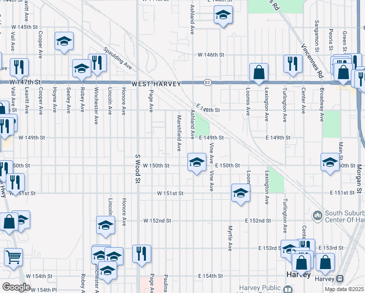 map of restaurants, bars, coffee shops, grocery stores, and more near 14915 Marshfield Avenue in Harvey