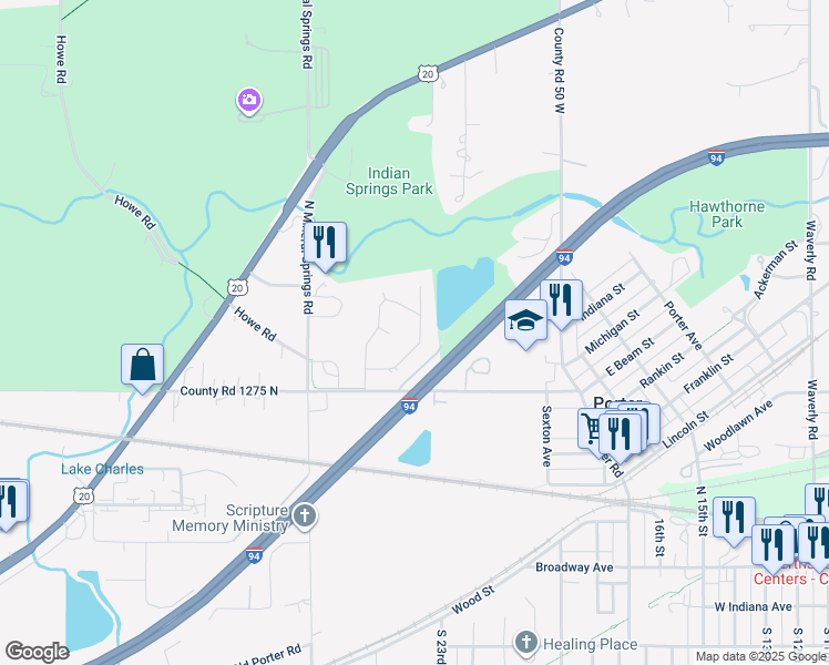 map of restaurants, bars, coffee shops, grocery stores, and more near 235 Lake Vista Drive in Porter