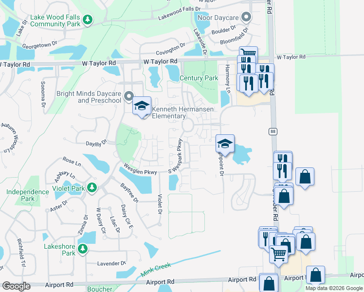 map of restaurants, bars, coffee shops, grocery stores, and more near 1481 Mountain Laurel Court in Romeoville