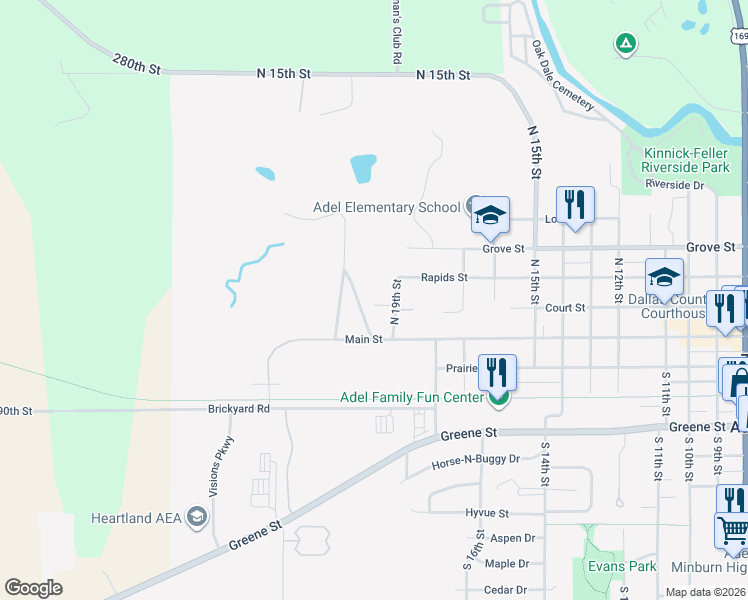 map of restaurants, bars, coffee shops, grocery stores, and more near 1914 Court Street in Adel