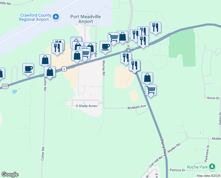 map of restaurants, bars, coffee shops, grocery stores, and more near 11176 Murray Road in Meadville
