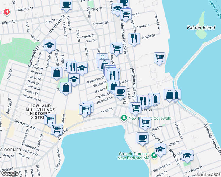 map of restaurants, bars, coffee shops, grocery stores, and more near 95 County Street in New Bedford