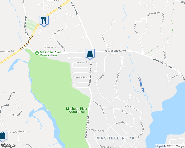 map of restaurants, bars, coffee shops, grocery stores, and more near 50 Rainbow Lane in Mashpee