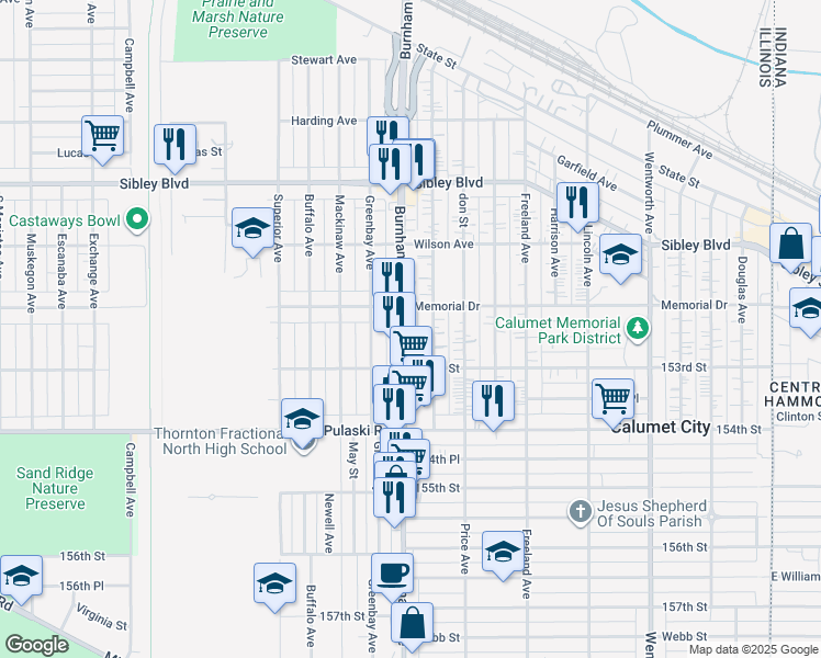 map of restaurants, bars, coffee shops, grocery stores, and more near 580 Burnham Avenue in Calumet City