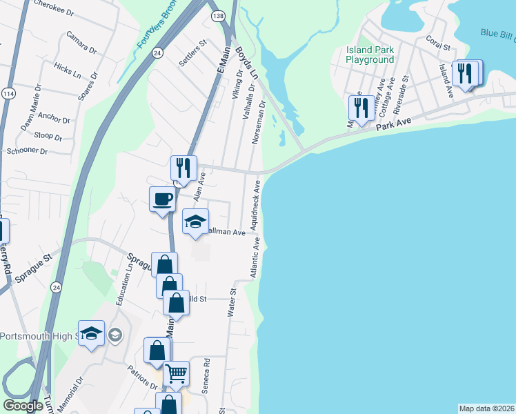 map of restaurants, bars, coffee shops, grocery stores, and more near 54 Aquidneck Avenue in Portsmouth