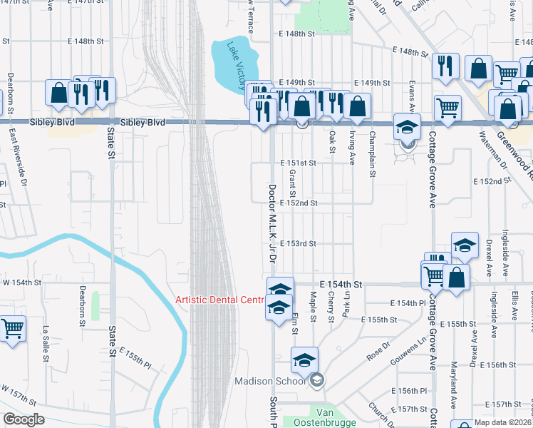 map of restaurants, bars, coffee shops, grocery stores, and more near 15210 Chicago Road in Dolton